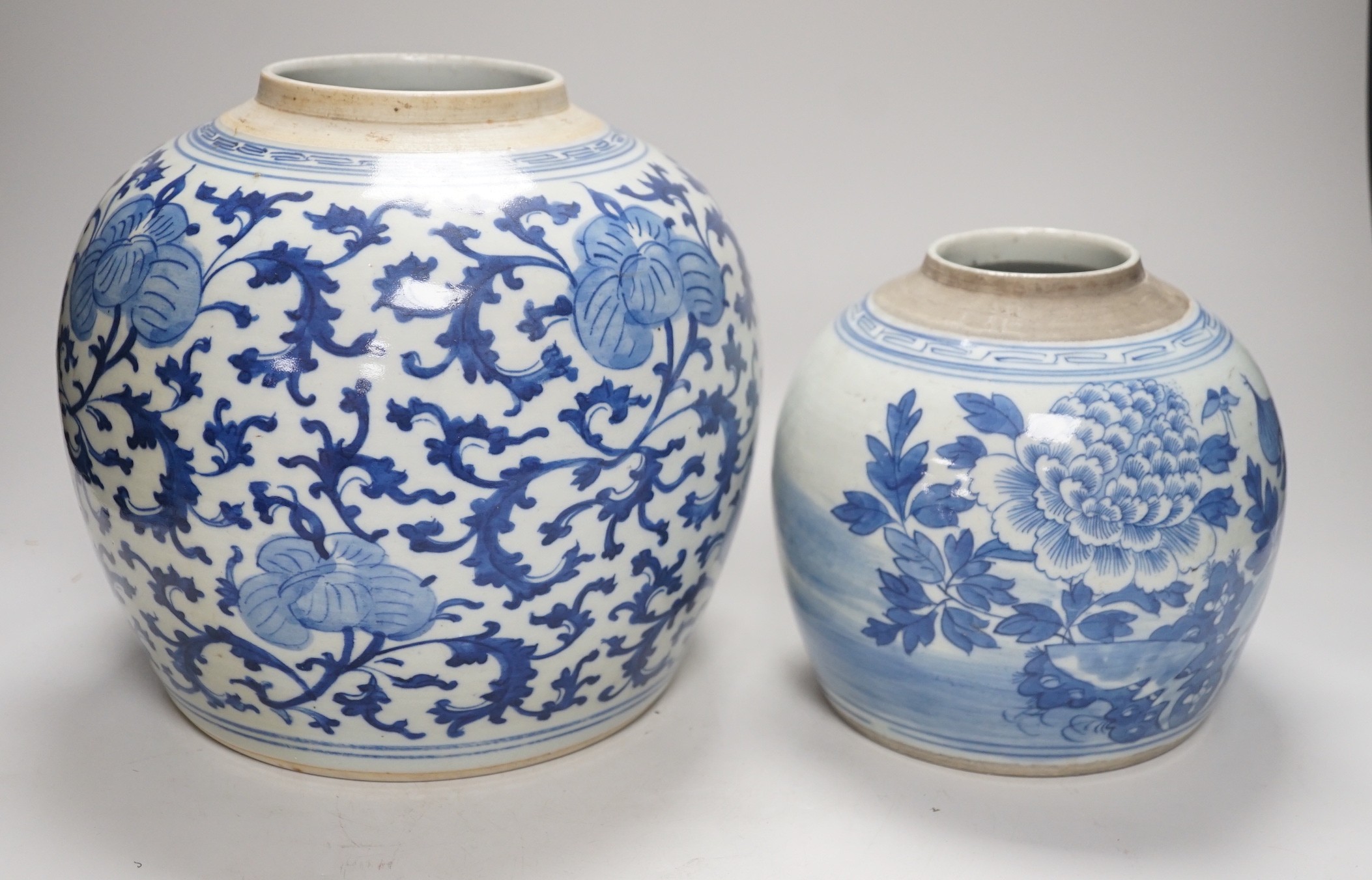 Two Chinese provincial blue and white jars, 19th century. Tallest 22cm